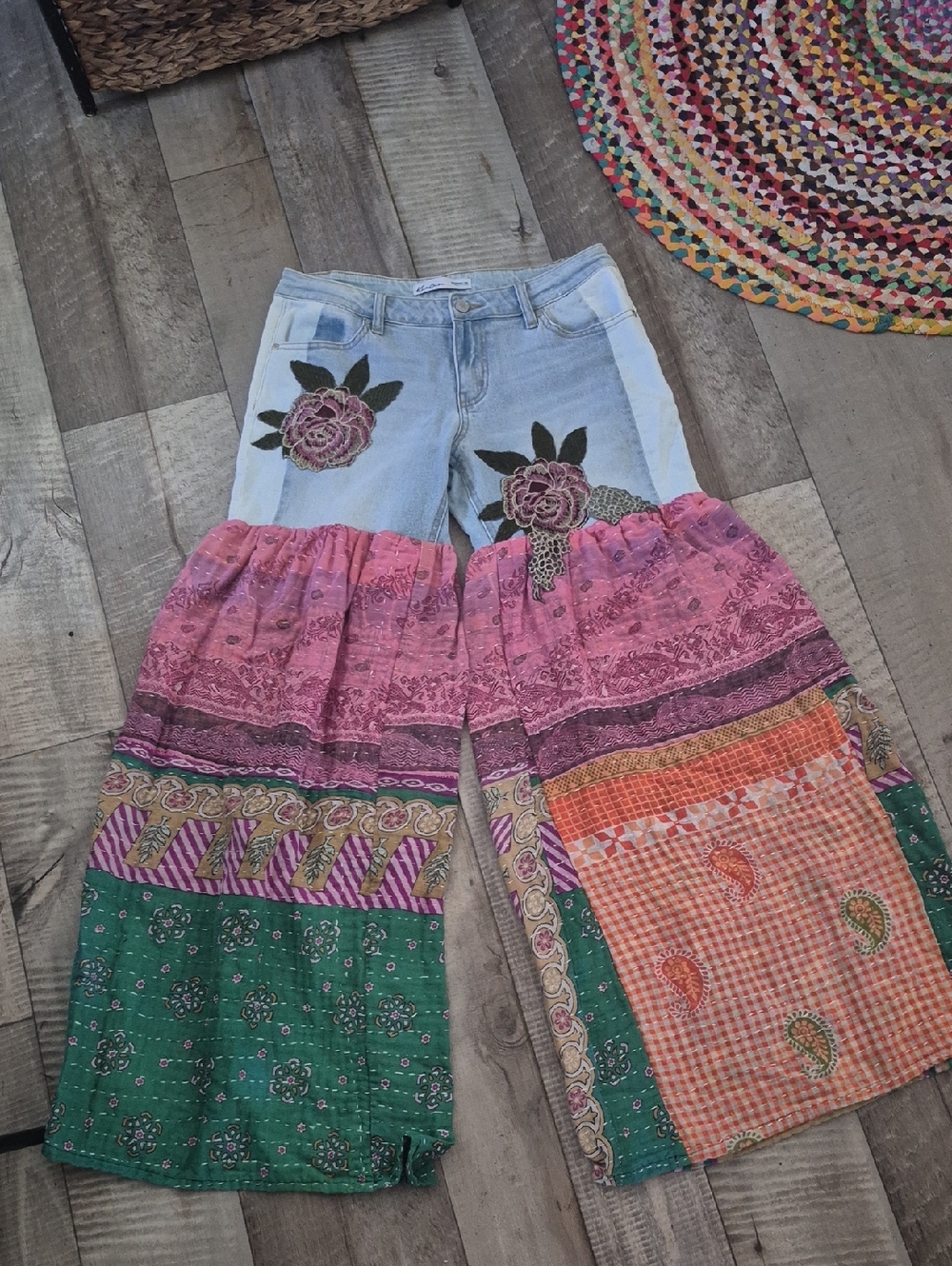 Custom High Quality Denium Bohemian Floral Patchwork Wide-Leg Kantha Pants L - Picture 1 of 8